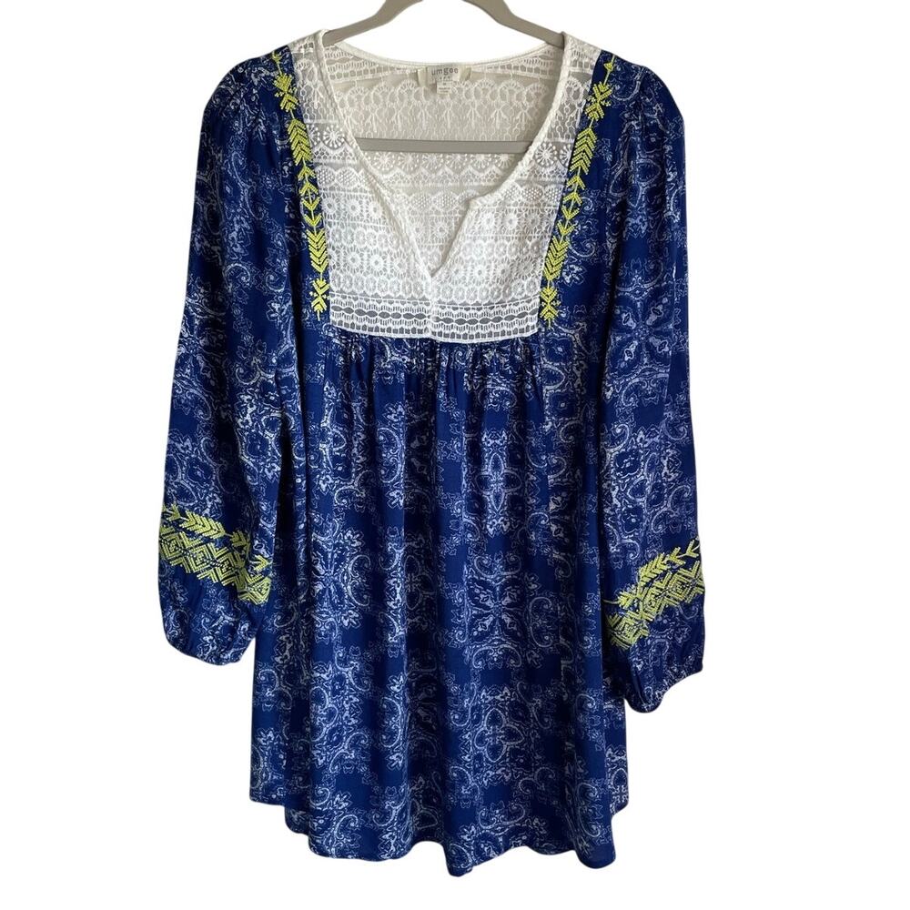 Umgee Mini Dress Embroidered Lace Bib Sz M Long Sleeves Blue White Boho Festival